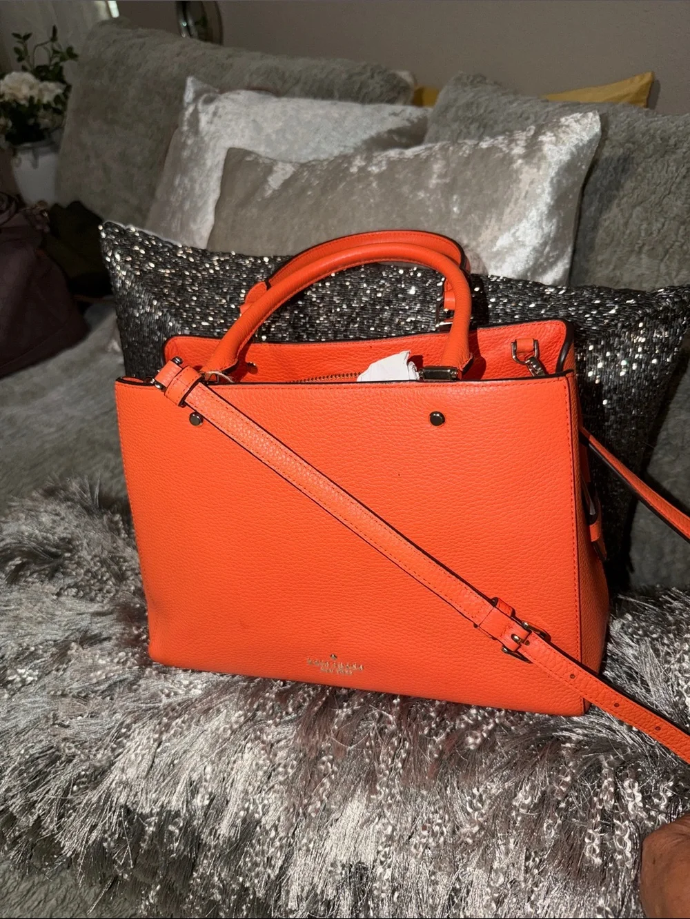Orange Leather Tote Handbag with Removable Strap